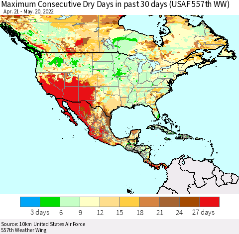 North America Maximum Consecutive Dry Days in past 30 days (USAF 557th WW) 05/20/2022 Thematic Map For 5/16/2022 - 5/20/2022