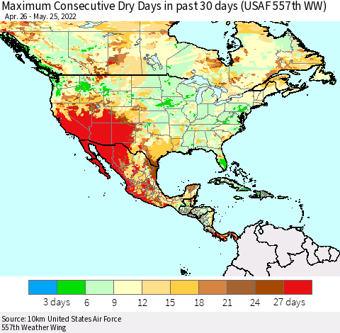 North America Maximum Consecutive Dry Days in past 30 days (USAF 557th WW) 05/25/2022 Thematic Map For 5/21/2022 - 5/25/2022