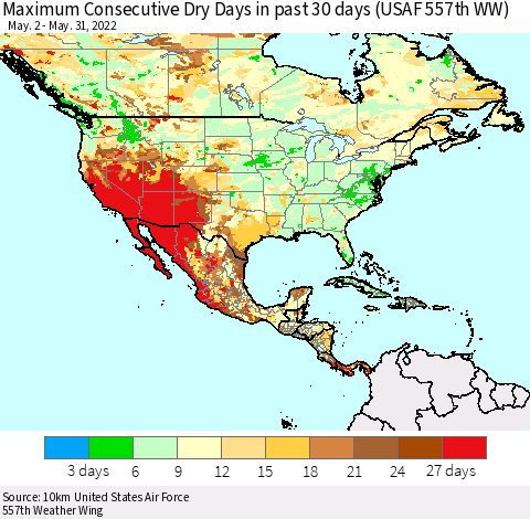 North America Maximum Consecutive Dry Days in past 30 days (USAF 557th WW) 05/31/2022 Thematic Map For 5/26/2022 - 5/31/2022