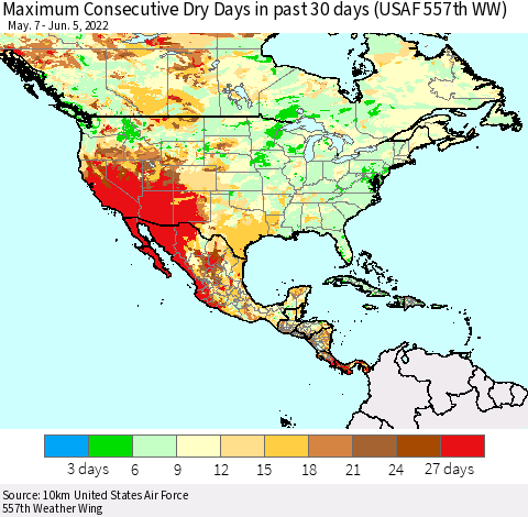 North America Maximum Consecutive Dry Days in past 30 days (USAF 557th WW) 06/05/2022 Thematic Map For 6/1/2022 - 6/5/2022