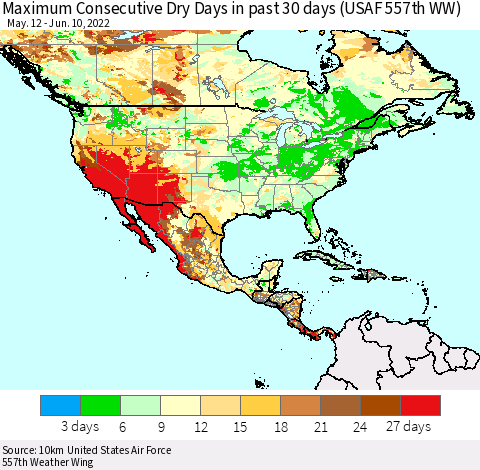 North America Maximum Consecutive Dry Days in past 30 days (USAF 557th WW) 06/10/2022 Thematic Map For 6/6/2022 - 6/10/2022