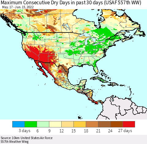 North America Maximum Consecutive Dry Days in past 30 days (USAF 557th WW) 06/15/2022 Thematic Map For 6/11/2022 - 6/15/2022