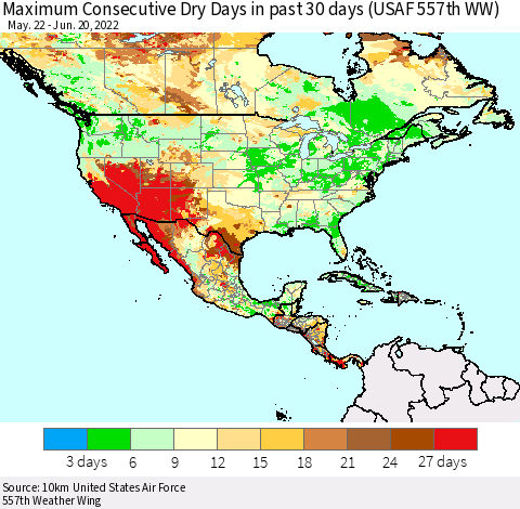 North America Maximum Consecutive Dry Days in past 30 days (USAF 557th WW) 06/20/2022 Thematic Map For 6/16/2022 - 6/20/2022