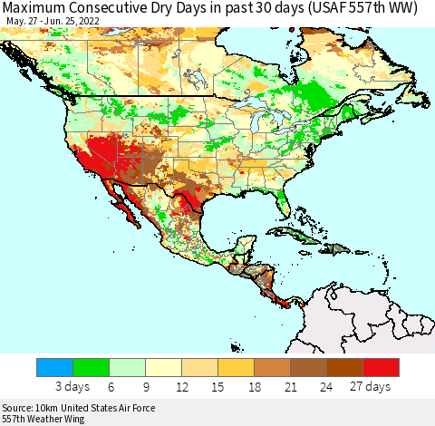 North America Maximum Consecutive Dry Days in past 30 days (USAF 557th WW) 06/25/2022 Thematic Map For 6/21/2022 - 6/25/2022