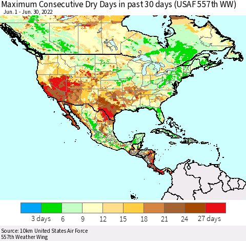 North America Maximum Consecutive Dry Days in past 30 days (USAF 557th WW) 06/30/2022 Thematic Map For 6/26/2022 - 6/30/2022