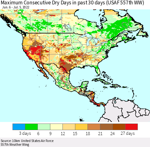 North America Maximum Consecutive Dry Days in past 30 days (USAF 557th WW) 07/05/2022 Thematic Map For 7/1/2022 - 7/5/2022
