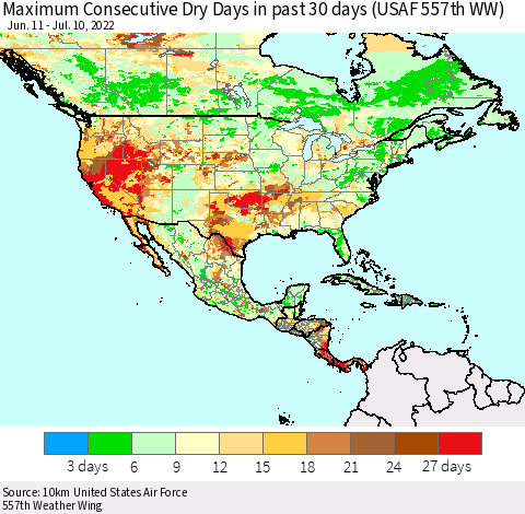 North America Maximum Consecutive Dry Days in past 30 days (USAF 557th WW) 07/10/2022 Thematic Map For 7/6/2022 - 7/10/2022
