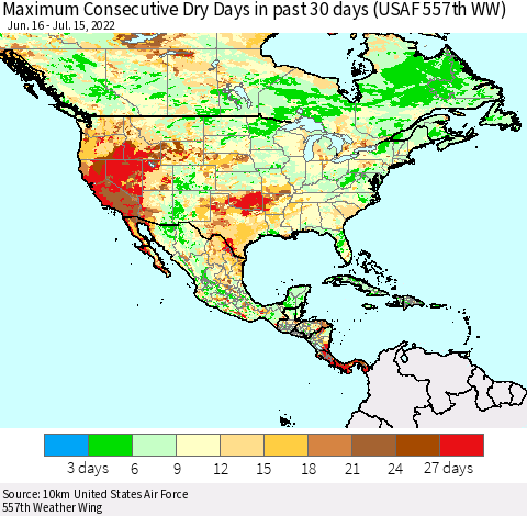 North America Maximum Consecutive Dry Days in past 30 days (USAF 557th WW) 07/15/2022 Thematic Map For 7/11/2022 - 7/15/2022