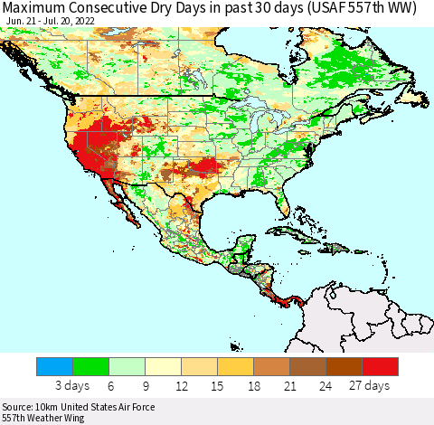 North America Maximum Consecutive Dry Days in past 30 days (USAF 557th WW) 07/20/2022 Thematic Map For 7/16/2022 - 7/20/2022