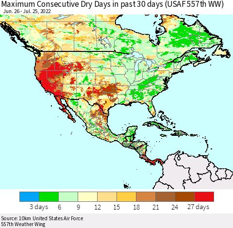 North America Maximum Consecutive Dry Days in past 30 days (USAF 557th WW) 07/25/2022 Thematic Map For 7/21/2022 - 7/25/2022