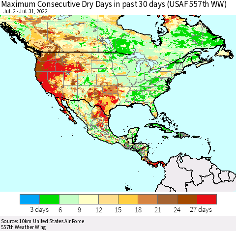 North America Maximum Consecutive Dry Days in past 30 days (USAF 557th WW) 07/31/2022 Thematic Map For 7/26/2022 - 7/31/2022