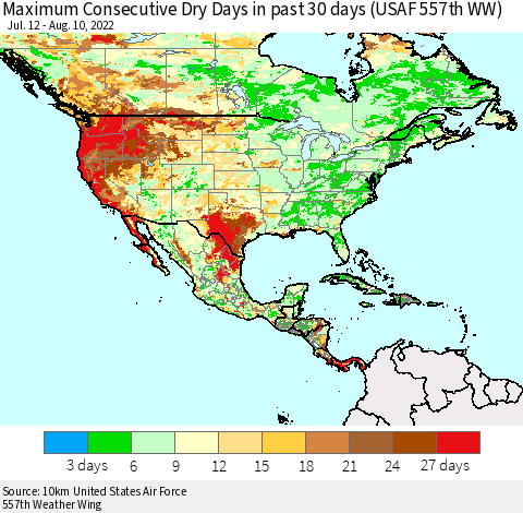 North America Maximum Consecutive Dry Days in past 30 days (USAF 557th WW) 08/10/2022 Thematic Map For 8/6/2022 - 8/10/2022
