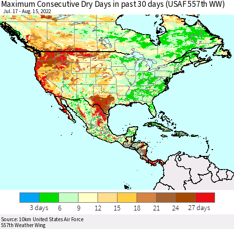 North America Maximum Consecutive Dry Days in past 30 days (USAF 557th WW) 08/15/2022 Thematic Map For 8/11/2022 - 8/15/2022