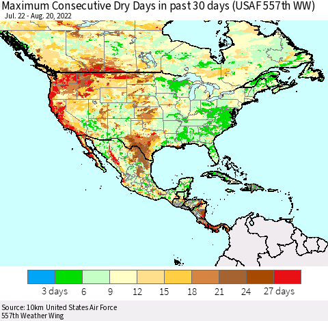 North America Maximum Consecutive Dry Days in past 30 days (USAF 557th WW) 08/20/2022 Thematic Map For 8/16/2022 - 8/20/2022