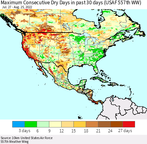 North America Maximum Consecutive Dry Days in past 30 days (USAF 557th WW) 08/25/2022 Thematic Map For 8/21/2022 - 8/25/2022