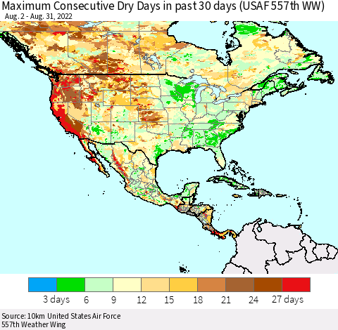 North America Maximum Consecutive Dry Days in past 30 days (USAF 557th WW) 08/31/2022 Thematic Map For 8/26/2022 - 8/31/2022