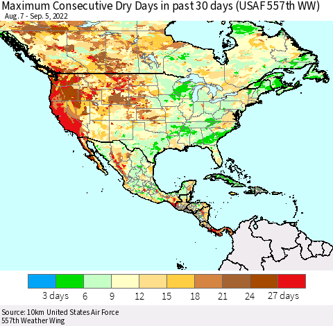 North America Maximum Consecutive Dry Days in past 30 days (USAF 557th WW) 09/05/2022 Thematic Map For 9/1/2022 - 9/5/2022