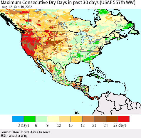 North America Maximum Consecutive Dry Days in past 30 days (USAF 557th WW) 09/10/2022 Thematic Map For 9/6/2022 - 9/10/2022