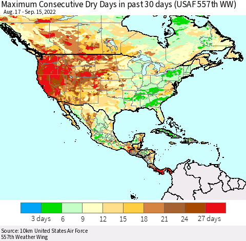 North America Maximum Consecutive Dry Days in past 30 days (USAF 557th WW) 09/15/2022 Thematic Map For 9/11/2022 - 9/15/2022