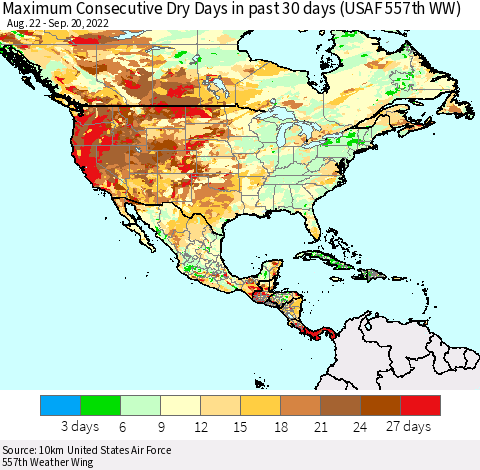 North America Maximum Consecutive Dry Days in past 30 days (USAF 557th WW) 09/20/2022 Thematic Map For 9/16/2022 - 9/20/2022