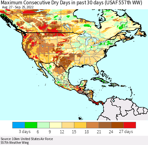 North America Maximum Consecutive Dry Days in past 30 days (USAF 557th WW) 09/25/2022 Thematic Map For 9/21/2022 - 9/25/2022