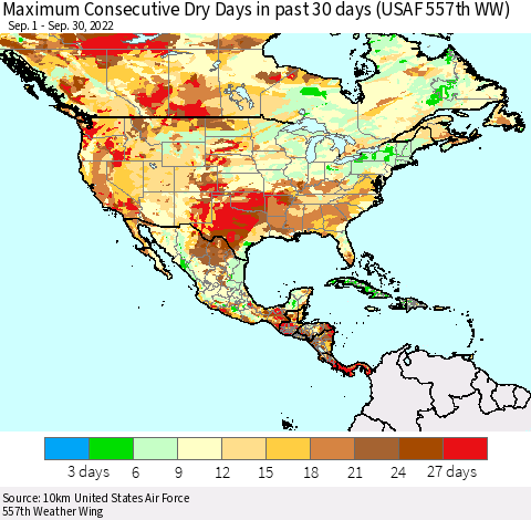 North America Maximum Consecutive Dry Days in past 30 days (USAF 557th WW) 09/30/2022 Thematic Map For 9/26/2022 - 9/30/2022