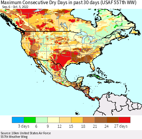 North America Maximum Consecutive Dry Days in past 30 days (USAF 557th WW) 10/05/2022 Thematic Map For 10/1/2022 - 10/5/2022