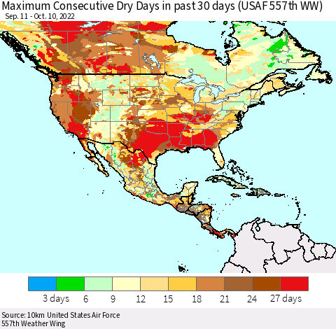 North America Maximum Consecutive Dry Days in past 30 days (USAF 557th WW) 10/10/2022 Thematic Map For 10/6/2022 - 10/10/2022