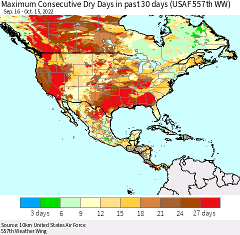North America Maximum Consecutive Dry Days in past 30 days (USAF 557th WW) 10/15/2022 Thematic Map For 10/11/2022 - 10/15/2022