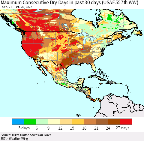 North America Maximum Consecutive Dry Days in past 30 days (USAF 557th WW) 10/20/2022 Thematic Map For 10/16/2022 - 10/20/2022