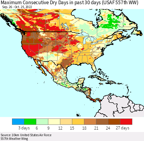North America Maximum Consecutive Dry Days in past 30 days (USAF 557th WW) 10/25/2022 Thematic Map For 10/21/2022 - 10/25/2022
