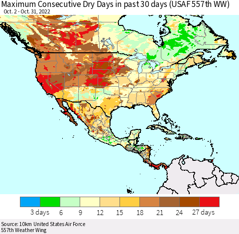North America Maximum Consecutive Dry Days in past 30 days (USAF 557th WW) 10/31/2022 Thematic Map For 10/26/2022 - 10/31/2022