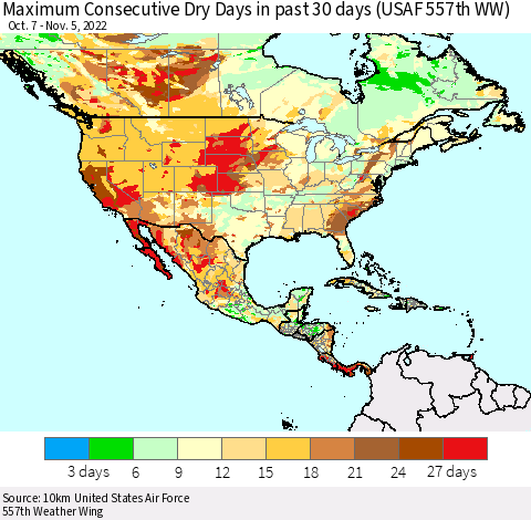 North America Maximum Consecutive Dry Days in past 30 days (USAF 557th WW) 11/05/2022 Thematic Map For 11/1/2022 - 11/5/2022