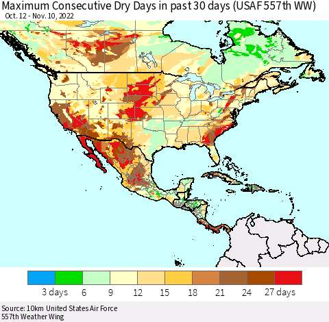 North America Maximum Consecutive Dry Days in past 30 days (USAF 557th WW) 11/10/2022 Thematic Map For 11/6/2022 - 11/10/2022