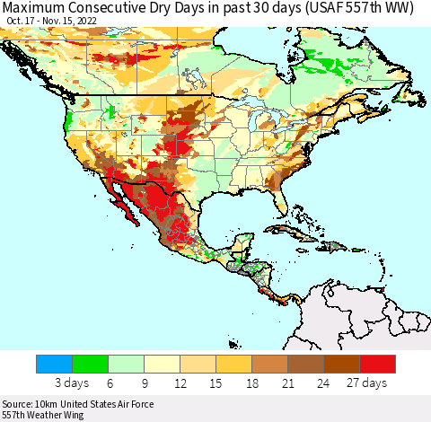 North America Maximum Consecutive Dry Days in past 30 days (USAF 557th WW) 11/15/2022 Thematic Map For 11/11/2022 - 11/15/2022