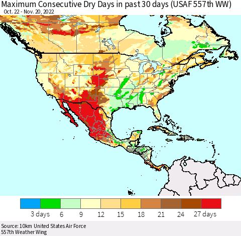 North America Maximum Consecutive Dry Days in past 30 days (USAF 557th WW) 11/20/2022 Thematic Map For 11/16/2022 - 11/20/2022
