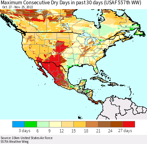 North America Maximum Consecutive Dry Days in past 30 days (USAF 557th WW) 11/25/2022 Thematic Map For 11/21/2022 - 11/25/2022