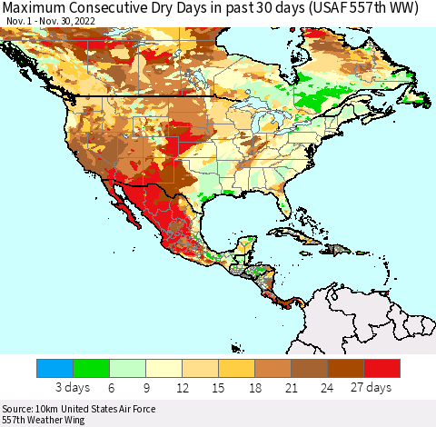 North America Maximum Consecutive Dry Days in past 30 days (USAF 557th WW) 11/30/2022 Thematic Map For 11/26/2022 - 11/30/2022