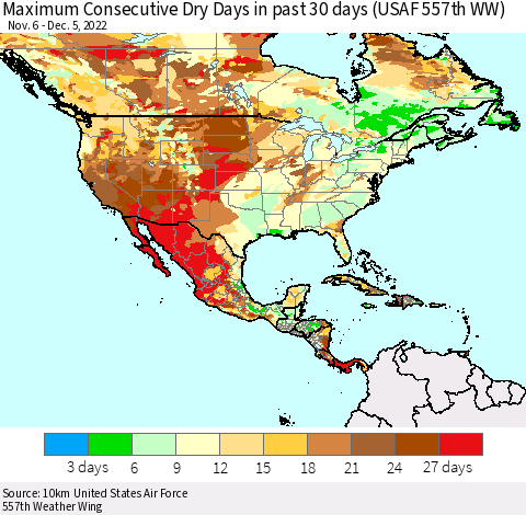 North America Maximum Consecutive Dry Days in past 30 days (USAF 557th WW) 12/05/2022 Thematic Map For 12/1/2022 - 12/5/2022