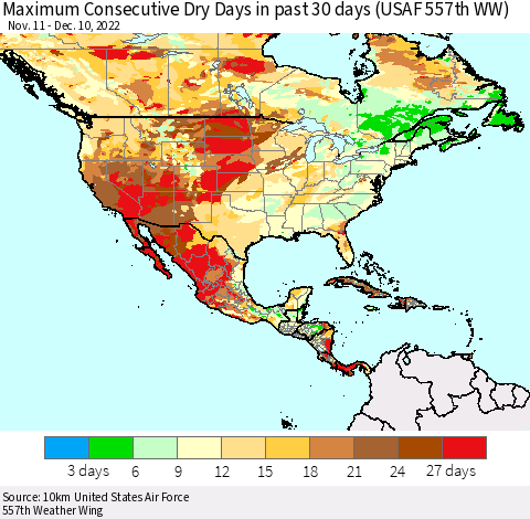 North America Maximum Consecutive Dry Days in past 30 days (USAF 557th WW) 12/10/2022 Thematic Map For 12/6/2022 - 12/10/2022