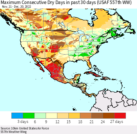 North America Maximum Consecutive Dry Days in past 30 days (USAF 557th WW) 12/20/2022 Thematic Map For 12/16/2022 - 12/20/2022