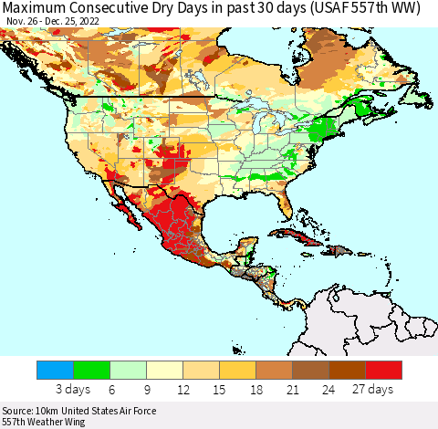 North America Maximum Consecutive Dry Days in past 30 days (USAF 557th WW) 12/25/2022 Thematic Map For 12/21/2022 - 12/25/2022