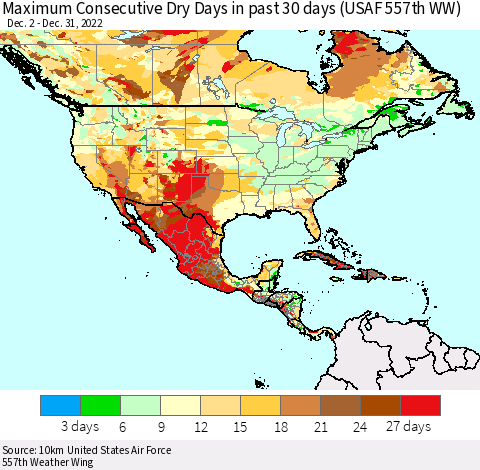 North America Maximum Consecutive Dry Days in past 30 days (USAF 557th WW) 12/31/2022 Thematic Map For 12/26/2022 - 12/31/2022