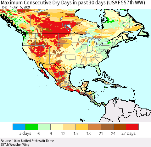 North America Maximum Consecutive Dry Days in past 30 days (USAF 557th WW) 01/05/2024 Thematic Map For 1/1/2024 - 1/5/2024