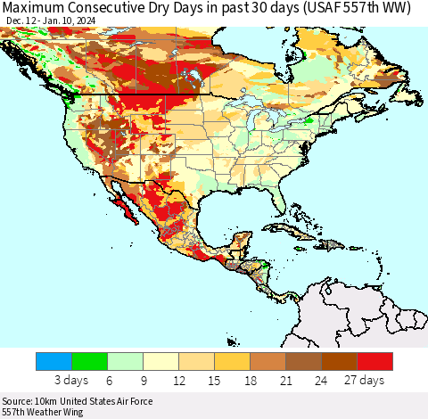 North America Maximum Consecutive Dry Days in past 30 days (USAF 557th WW) 01/10/2024 Thematic Map For 1/6/2024 - 1/10/2024