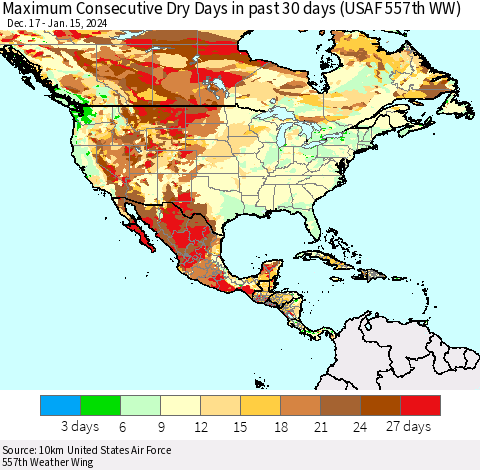 North America Maximum Consecutive Dry Days in past 30 days (USAF 557th WW) 01/15/2024 Thematic Map For 1/11/2024 - 1/15/2024
