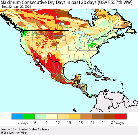 North America Maximum Consecutive Dry Days in past 30 days (USAF 557th WW) 01/20/2024 Thematic Map For 1/16/2024 - 1/20/2024