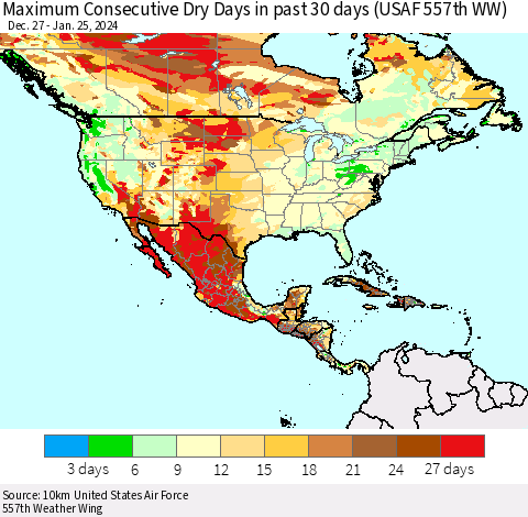 North America Maximum Consecutive Dry Days in past 30 days (USAF 557th WW) 01/25/2024 Thematic Map For 1/21/2024 - 1/25/2024