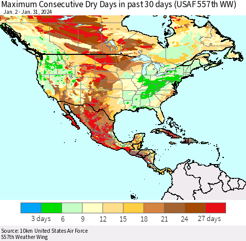 North America Maximum Consecutive Dry Days in past 30 days (USAF 557th WW) 01/31/2024 Thematic Map For 1/26/2024 - 1/31/2024