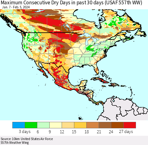 North America Maximum Consecutive Dry Days in past 30 days (USAF 557th WW) 02/05/2024 Thematic Map For 2/1/2024 - 2/5/2024